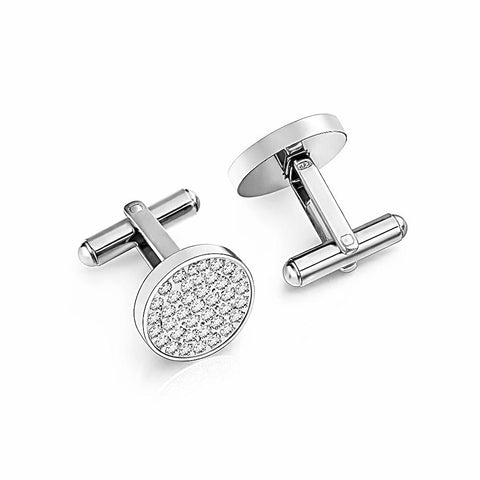 B.Tiff CF101W Silver cufflinks with a round, diamond-studded center on a white background