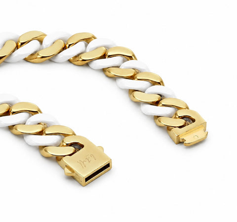 BG160GW B.Tiff High Polish 16mm Gold & White Flat Cuban Link Bracelet