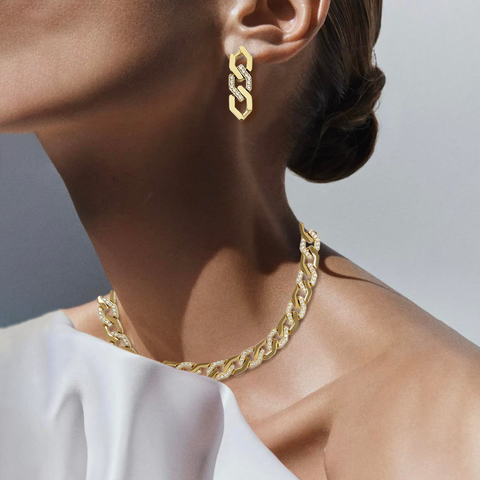 ER200G B.Tiff Gold Pavé High Polish Flat Angular Cuban Link Earrings