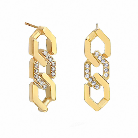 ER200G B.Tiff Gold Pavé High Polish Flat Angular Cuban Link Earrings