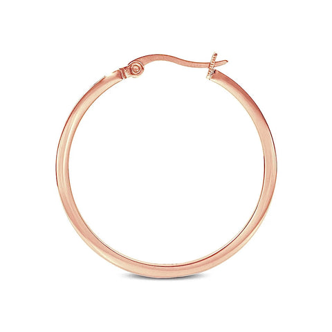 The side of B.Tiff ER312RG Rose gold hoop earring standing on a white background