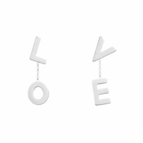 B.Tiff ERloveW Silver earrings with letters "L" and "O" linked on one side and "V" and "O" linked on the other showing the word 'LOVE' on a white background