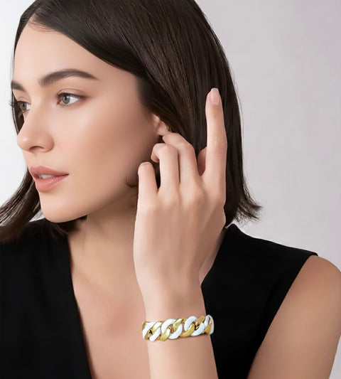 BG160GW B.Tiff High Polish 16mm Gold & White Flat Cuban Link Bracelet