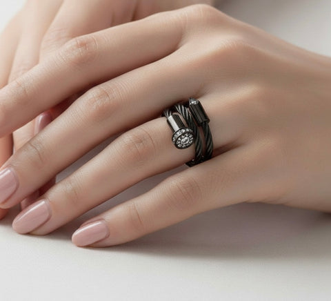 RG115B B.Tiff Black Pavé Pointe Cable Adjustable Ring