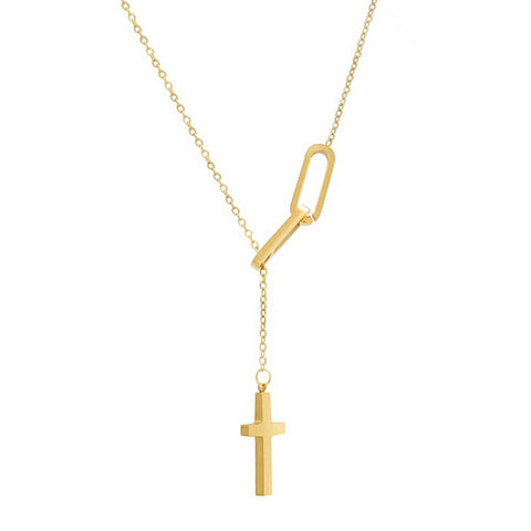 B.Tiff adjustable cross lariat necklace in silver tone with thin rolo link chain