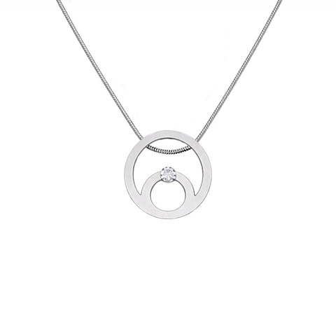B.Tiff PT105W Silver necklace with a tension set diamond alternative on the inner circle of a 2 circle pendant on a white background