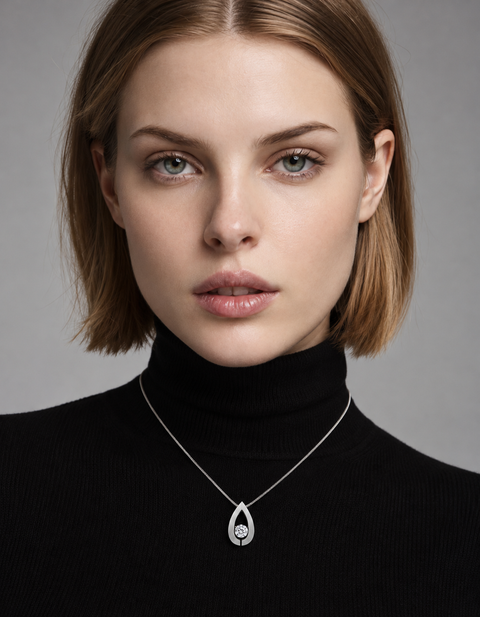 A close-up portrait of a woman with short blonde-brown hair wearing a black turtleneck sweater and a delicate B.Tiff PT106W silver teardrop pendant necklace with a clear central gemstone, set against a solid gray studio background.