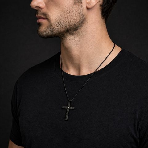 PT209B B.Tiff Black Box Cut Cross Pendant Necklace