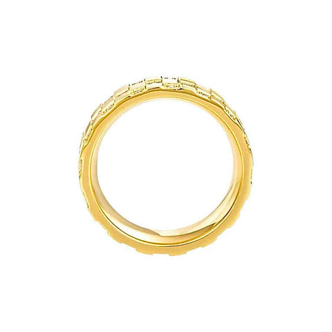 B.Tiff RG104G Trellis Gold ring with intricate design paved diamond alternative made from surgical stainless steel plated with 18k gold on a white background