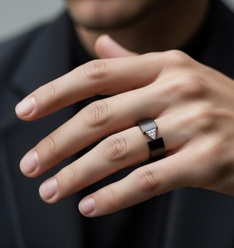 A man's Hand wearing a B.Tiff  RG113B ring with 1ct Trillion cut tension set diamond alternative on a black ring band