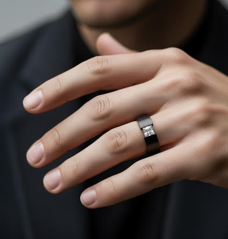 RG114B B.Tiff 1 ct Princess Cut Black Solitaire Ring [Wide Band]