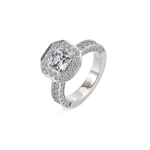 B.Tiff Aŭreolo II 1 ct Cushion Cut Halo Engagement Ring & Three-Row Eternity Band Set