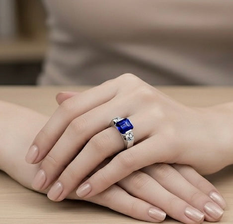 RG208BL B.Tiff 3-Stone 3 ct Blue Emerald Cut Engagement Ring