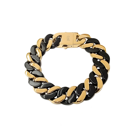 BG101W B.Tiff Pavé High Polish Gold Flat Angular Cuban Link Bracelet Stainless Steel / Small Fits 5.75”-6.5”