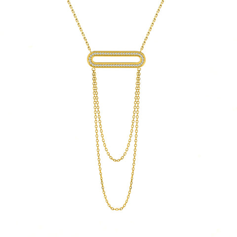 PT630G B.Tiff Gold Pavé Double Chain Oblong Pendant Necklace