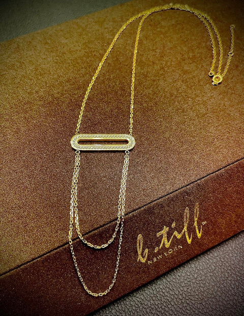 PT630G B.Tiff Gold Pavé Double Chain Oblong Pendant Necklace